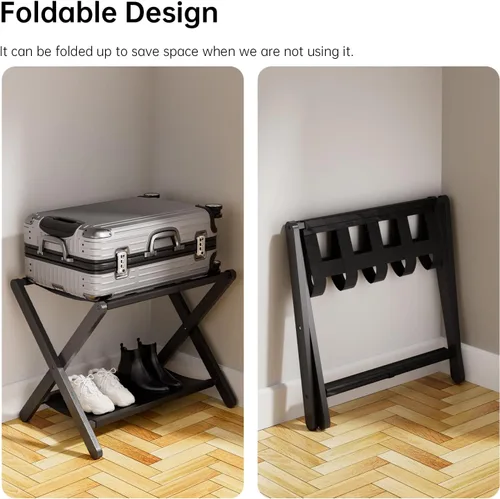 Miniatura 5 de HITNET Portaequipajes para habitación de invitados, soporte de maleta plegable, soporte de equipaje de hotel de bambú con estante de almacenamiento
