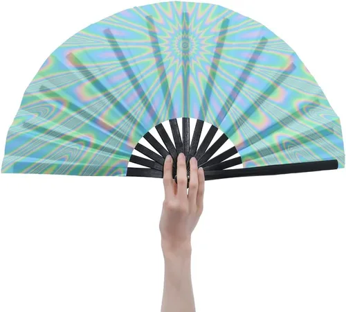 Miniatura 43 de HeyToo Ventilador de mano grande para mujeres/hombres, con brillo UV, para Drag Queen, cosplay, EDM, club, fiesta, música, festival, baile, Cuadrado