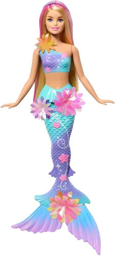 Muñecas de juguete de sirena Barbie con función sorpresa de flores mágicas en flor, colas ombre, accesorio diadema de perlas y pelo largo rubio con