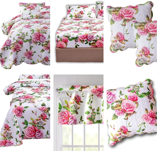 Miniatura 3 de DaDalogy Bedding - Juego de cama floral de 14 piezas en una bolsa, diseño de rosas románticas, juego de sábanas bajeras y encimeras con funda