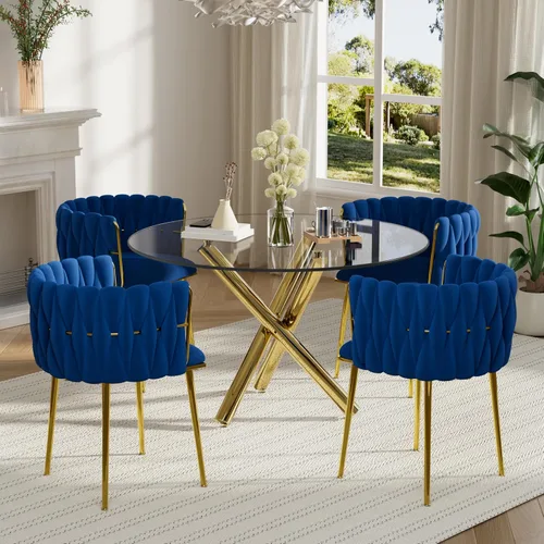Miniatura 18 de Juego de mesa redonda dorada para 4, juego de mesa de comedor de 39'' con tapa de vidrio transparente, juego de mesa de cocina circular moderna de 5