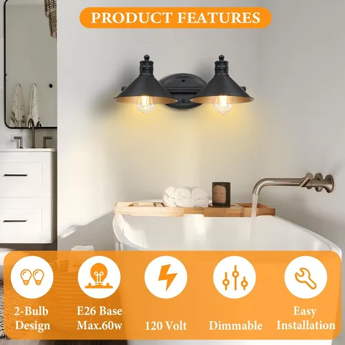 Miniatura 4 de 2 Light Bathroom Vanity Light Over Mirror - Black and Gold Farmhouse Wall Light for Bathroom Vanity Powder Room, Rustic Gooseneck Barn Style 2 Bulb