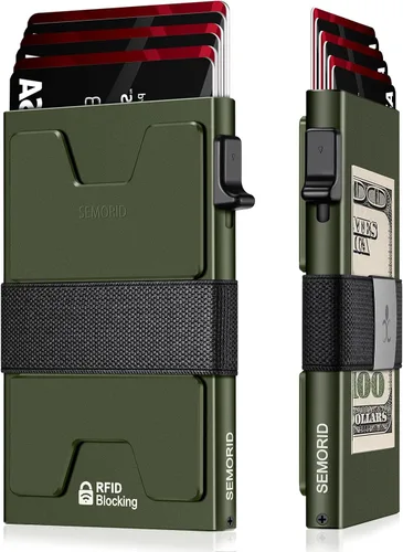 Miniatura 65 de Cartera delgada de aluminio para hombre, placa trasera expandible duradera, bloqueo RFID, billetera desplegable de metal minimalista, con capacidad