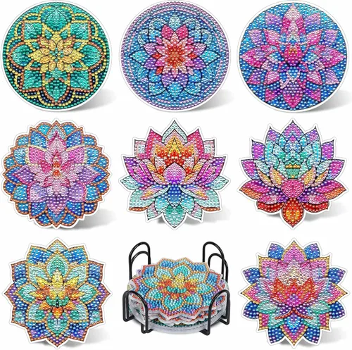 Miniatura 8 de UPINS 8 piezas de kits de pintura de arte de diamante con mandala, posavasos de arte de diamante con soporte, kits de arte de diamante Mandala azul