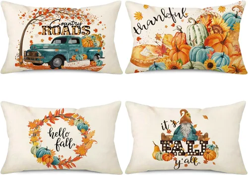Miniatura 8 de NIGHTWISH Juego de 4 fundas de almohada de otoño de 16 x 16 pulgadas, decoración de granja de Acción de Gracias, color verde azulado, camión, gnomo