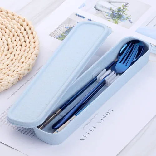 Miniatura 3 de Cubiertos de viaje portátiles, 3 piezas, cuchara, tenedor, palillos, acero inoxidable 18/10, con estuche y bolsa para la escuela, el trabajo