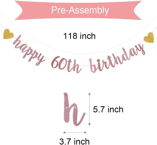Miniatura 2 de XIAOLUOLY - Cartel con purpurina de oro rosa, preencordado, decoración de fiesta de cumpleaños 60, telón de fondo de cartel de feliz 60 cumpleaños
