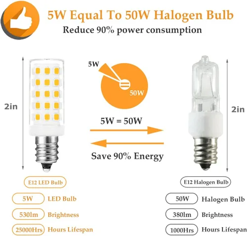 Miniatura 4 de Bombillas LED C7 E12 de 5 W, reemplazo E12 equivalente a halógeno de 50 W, luz diurna 6000 K, bombillas LED E12 para ventilador de techo