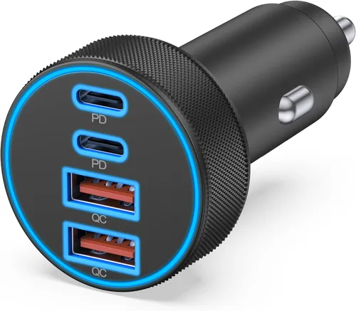 [4 en 1] Cargador de Coche USB C, Adaptador de Encendedor de Cigarrillos de Carga Súper Rápida de 4 Puertos 90W, Dual 45W USBC y USB-A Multipuerto
