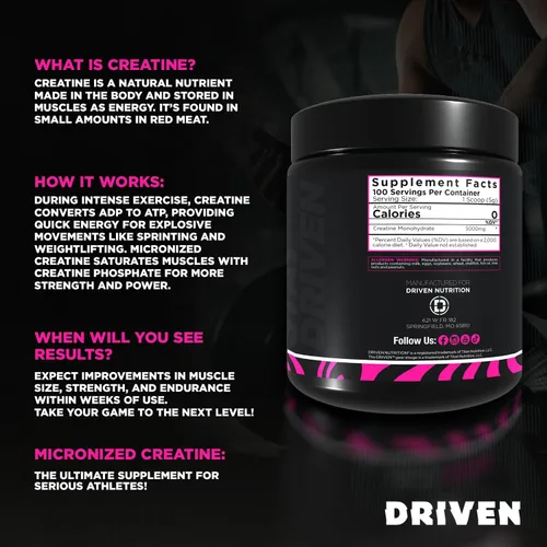 Miniatura 4 de Driven Nutrition Creatina, 17.64 oz – Polvo micronizado sin sabor, rendimiento físico y cognición – 0.18 oz por porción para reducir la fatiga