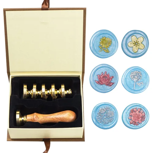 Miniatura 41 de Juego de sellos de cera de animales con 7 cabezas de latón extraíbles y 1 mango de madera, sello de cera retro para gatos, pájaros, mariposa, abeja
