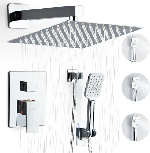 Miniatura 9 de Cabezal de Regadera - Juego de Grifo de Ducha Sistema Combo Cuadrado con Cabezal de Ducha de Lluvia de 20 cm, Montaje en Pared, Ducha de Mano, Acero