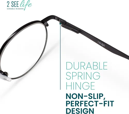 Miniatura 4 de 2SeeLife Gafas de lectura redondas con borde de alambre de metal para hombres y mujeres, ajuste medio y ancho, duraderos, bisagras de resorte, Negro
