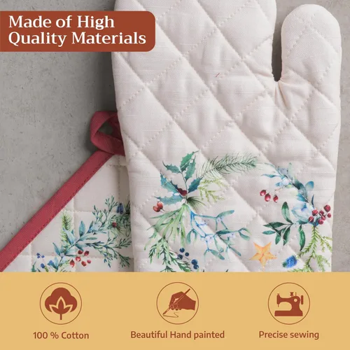 Miniatura 3 de Maison d' Hermine - Juego de guantes de cocina (7.5 x 13 pulgadas) y agarradera (8 x 8 pulgadas) Holly Time, 100 % algodón, manoplas de horno
