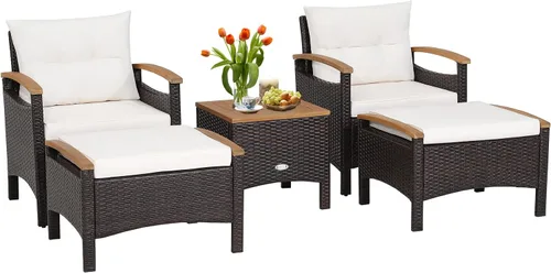 HAPPYGRILL Juego de muebles de patio de 5 piezas para exteriores, silla de mimbre de polietileno y otomana con cojines y mesa auxiliar con mesa de