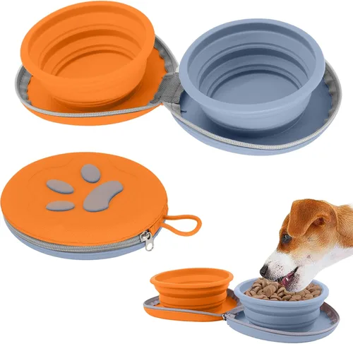 Cuencos plegables para perros, 2 en 1, comedero de agua y alimentos portátiles para mascotas, viajes, campamento y caminar, 25 onzas (azul naranja)