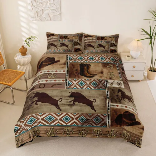 Miniatura 10 de Funda de edredón de herradura con diseño de estrellas de Texas, estilo occidental, rústico, verde azulado, juego de ropa de cama individual