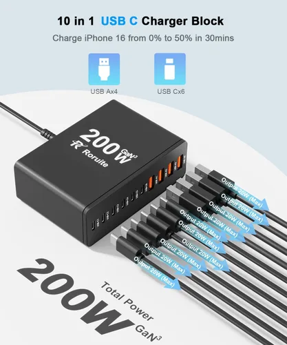Miniatura 2 de Estación de carga USB C de 10 puertos con 4 cables USB, bloque de cargador GaN tipo C de 200W, adaptador de enchufe de regleta de alimentación