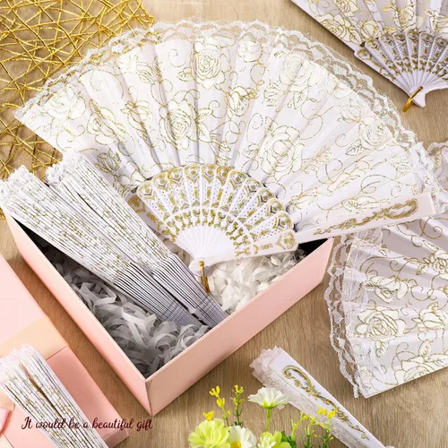 Miniatura 3 de Yalikop 48 abanicos de mano florales de encaje rosa, retro, elegante, chino, plegable, blanco, vintage, para novia, para boda, fiesta, iglesia