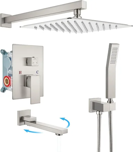 Miniatura 15 de gotonovo Juego de grifo de ducha de lujo de 3 funciones de 12 pulgadas, sistema de ducha de lluvia montado en la pared con boquilla de bañera, Cromo