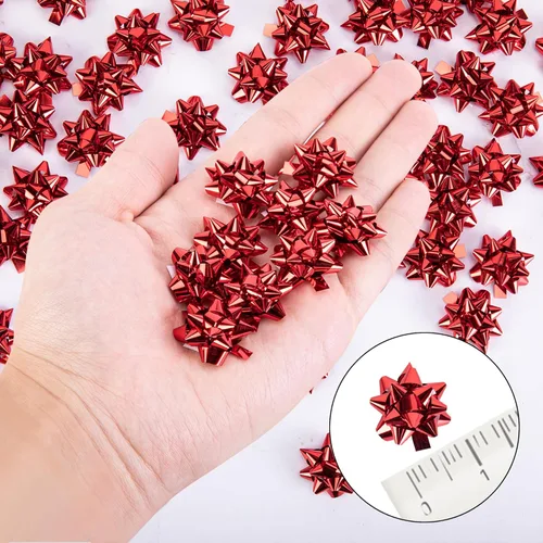 Miniatura 2 de Iceyyyy 100 mini lazos, lazos de regalo de estrella metálica roja de 1 pulgada, pequeños lazos adhesivos para decoración de fiestas de Navidad