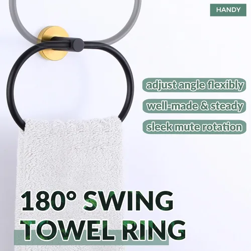 Miniatura 4 de APLusee Anillo de toalla de mano de oro negro, tenedor de toalla de mano de acero inoxidable para baño montado en la pared