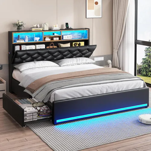 Miniatura 9 de HAUOMS Cama Twin con Cabecera de 3 Niveles y Almacenamiento Oculto, Marco LED Tapizado con 4 Cajones y Estación de Carga, Cama de Plataforma de Pu