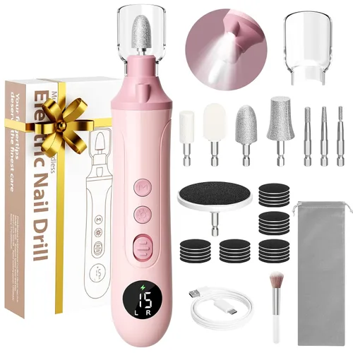 Ccigedy Taladro eléctrico de uñas, lijadora profesional inalámbrica con pantalla LCD y lámpara, amoladora de uñas recargable para mujeres, kit de