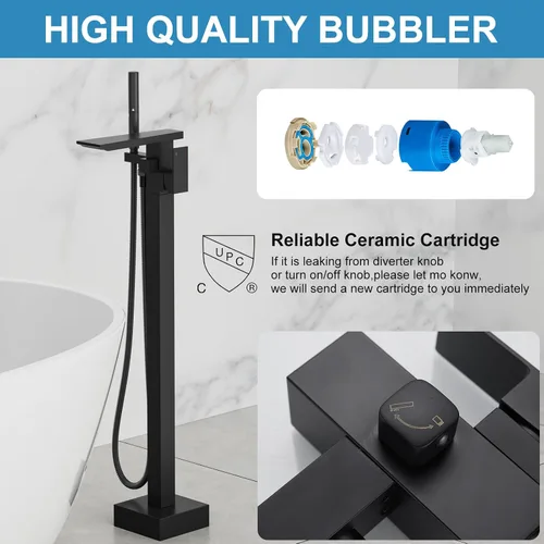 Miniatura 2 de RUMOSE Llenador de bañera negro mate, relleno de bañera independiente, grifo de bañera de montaje en cascada, grifo de bañera de latón de alto flujo