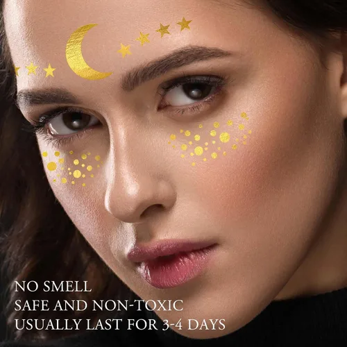 Miniatura 5 de 1 hoja de tatuajes faciales temporales metálicos dorados, luna celestial, estrella, pecas sintéticas, calcomanías de maquillaje, impermeables