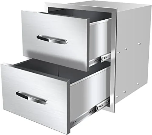 Miniatura 30 de Cajones dobles de acero inoxidable de montaje empotrado con asas empotradas para cocinas al aire libre o isla de barbacoa, 30 pulgadas de ancho x