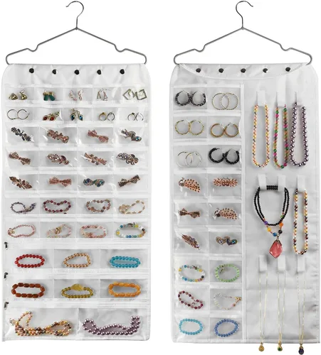 Miniatura 8 de BB Brotrade Organizador colgante de joyas, organizador de accesorios, organizador de 80 bolsillos para guardar joyas (beige)