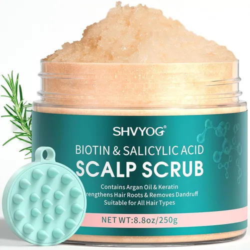 Exfoliante para el cuero cabelludo, biotina 2 en 1, champú desintoxicante aclarador con ácido salicílico al 3% y árbol de té para caspa,