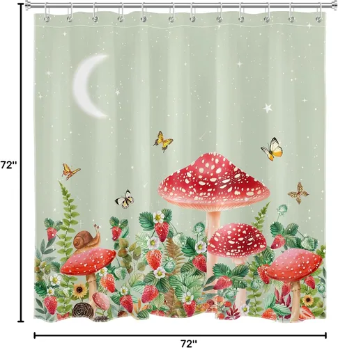 Miniatura 8 de Cortina de ducha con diseño de hongos y rana, planta verde salvia y mariposa de fresa sobre verde, cortina de ducha con ganchos, juego de cortinas