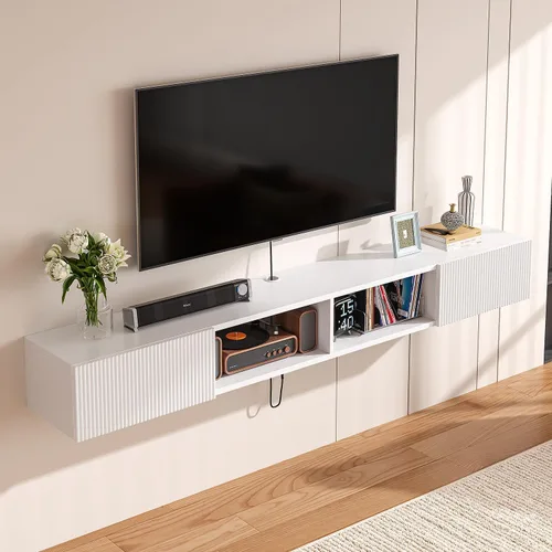 Miniatura 10 de Soporte flotante para TV de madera contrachapada con puertas acanaladas, color blanco, 55 pulgadas Montado en la pared, consola multimedia