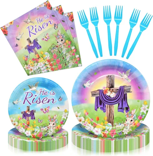 96 piezas "He is Risen" juego de vajilla para el día de Pascua suministros de fiesta - vajilla desechable con temática religiosa con platos de