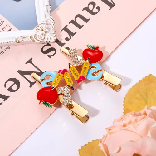 Miniatura 2 de ANGLESJELL Pinzas para el cabello para profesores, lindas horquillas de lápiz de manzana de cristal FRI-YAY Love para mujeres, accesorio
