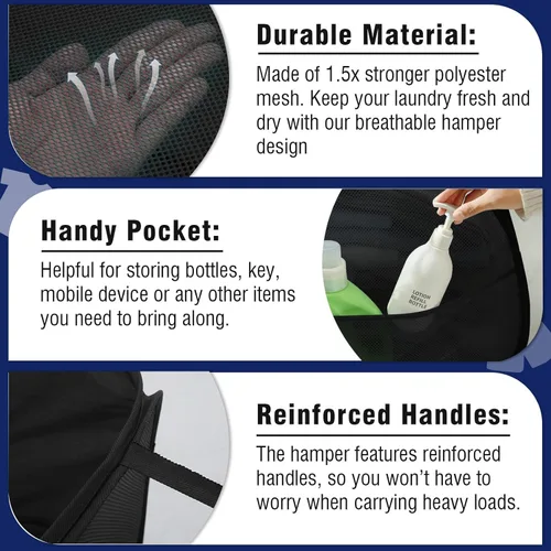 Miniatura 4 de TECHMILLY Cesta plegable de malla con asas fuertes, cesta de ropa de gran apertura con bolsillos laterales, cestas de almacenamiento para Negro