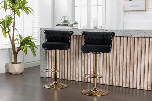 Miniatura 11 de Juego de 2 taburetes de bar giratorios de terciopelo de 360°, butacas ajustables para barra de cocina con respaldo de clavos, base dorada