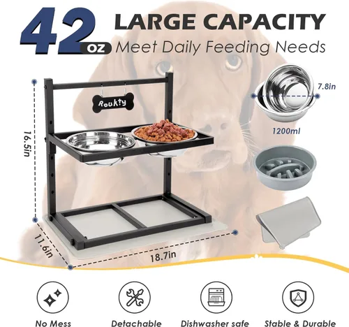 Miniatura 5 de ADENGL Tazones elevados para perros con alimentador lento, 5 alturas ajustables, antideslizante, marco de metal duradero, tapete a prueba de Negro