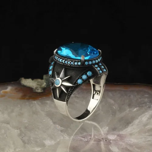 Miniatura 4 de Mens Ring Sterling Silver Aquamarine Stone Jewelry for Men Rings Signet Anillos para Hombre Turkish Rings Anillo de Plata Mens Gemstone Rings Man