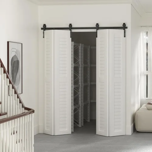 Miniatura 7 de Kit de herrajes para puerta de granero plegable deslizante BONIKLUBA de 48", suave y silencioso, rodillo negro montado lateralmente, fácil