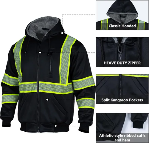 Miniatura 5 de VENDACE Sudadera con capucha para hombre, ANSI Clase 3, alta visibilidad, reflectante, de lana, con cremallera, con parte inferior negra (negro, 3XL)