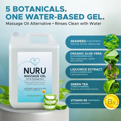 Miniatura 4 de Gel de masaje Nuru de 1.32 galones Alternativa al aceite de masaje Aloe Vera orgánico, algas marinas, té verde, regaliz y vitamina B5 A base