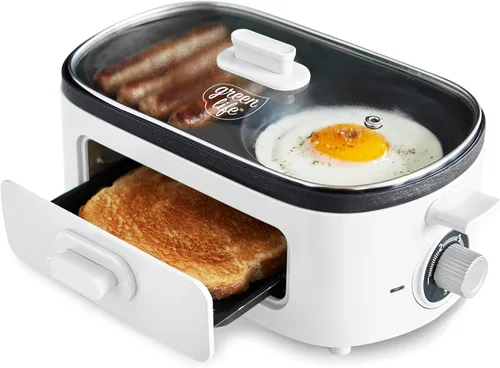 Estación de Preparación de Desayuno 3 en 1 de GreenLife, Planchas Duales de Cerámica Antiadherentes Saludables para Huevos, Carne, Salchichas, Blanco