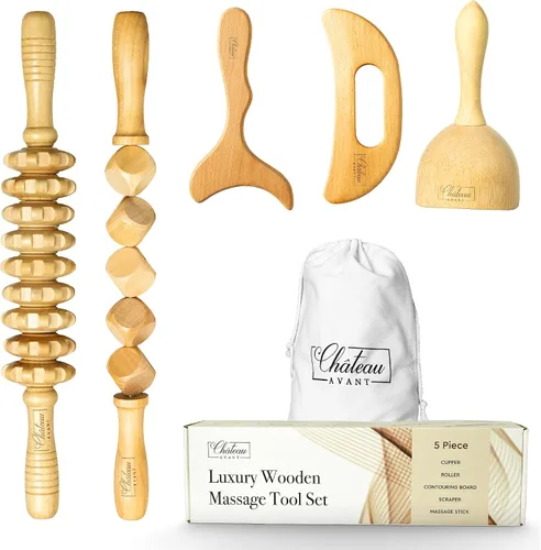 Miniatura 9 de Set de Herramientas de Masaje de Madera de Lujo Château Avant, Kit de 5 Piezas para Drenaje Linfático y Escultura – Ventosa, Rodillo, Tabla