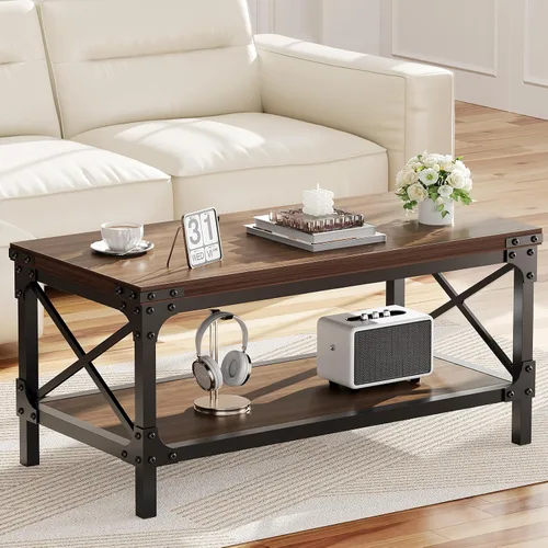 Mesa de café rectangular para sala de estar, mesa de café rectangular de madera, mesa central moderna de 2 niveles de color marrón oscuro con Nogal