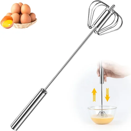 Batidor Semiautomático de Acero Inoxidable, Batidor de Huevos de Acero Inoxidable Mejorado 2025 con Empuje Manual Giratorio, Herramienta Mezcladora