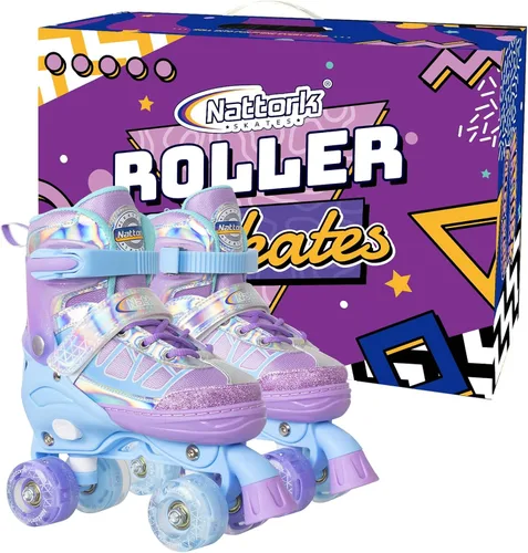 Miniatura 6 de Nattork Patines de ruedas para niños y niñas, 4 tamaños ajustables con ruedas iluminadas para niños principiantes para interiores y exteriores Cielo