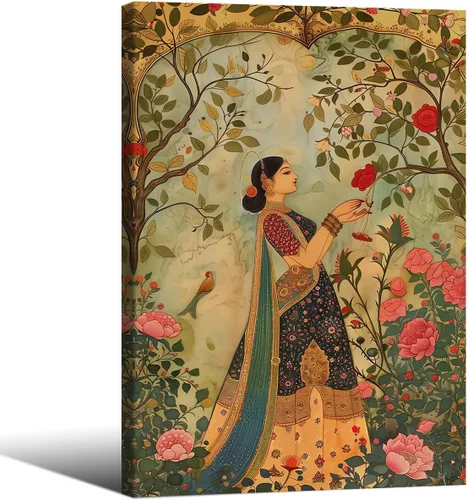 Miniatura 23 de Haitunone Arte de pared de mujer india paquistaní tradicional, póster de pintura floral feminista estilo mogol, impresiones en lienzo para sala